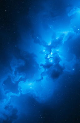 A dreamy cosmic scene depicting a mesmerizing nebula titled 'Nightmares for Melinoë', filled with deep blue hues and ethereal wisps of cosmic clouds