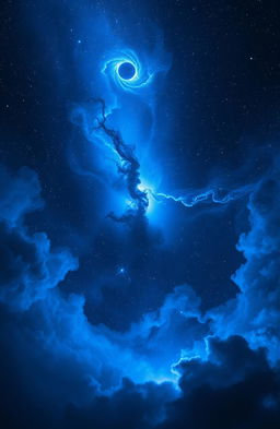 A dreamy cosmic scene depicting a mesmerizing nebula titled 'Nightmares for Melinoë', filled with deep blue hues and ethereal wisps of cosmic clouds