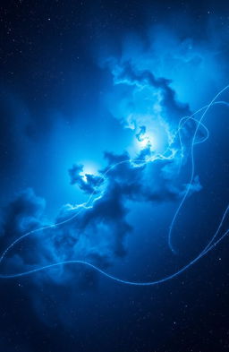 A dreamy cosmic scene depicting a mesmerizing nebula titled 'Nightmares for Melinoë', filled with deep blue hues and ethereal wisps of cosmic clouds