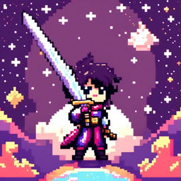 Pixel art profile picture featuring a standalone sword against a cosmic background filled with stars and galaxies.