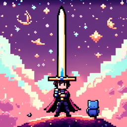 Pixel art profile picture featuring a standalone sword against a cosmic background filled with stars and galaxies.