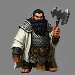 A standing dwarf with black hair and a bushy beard, showcasing brown skin