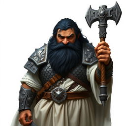 A standing dwarf with black hair and a bushy beard, showcasing brown skin