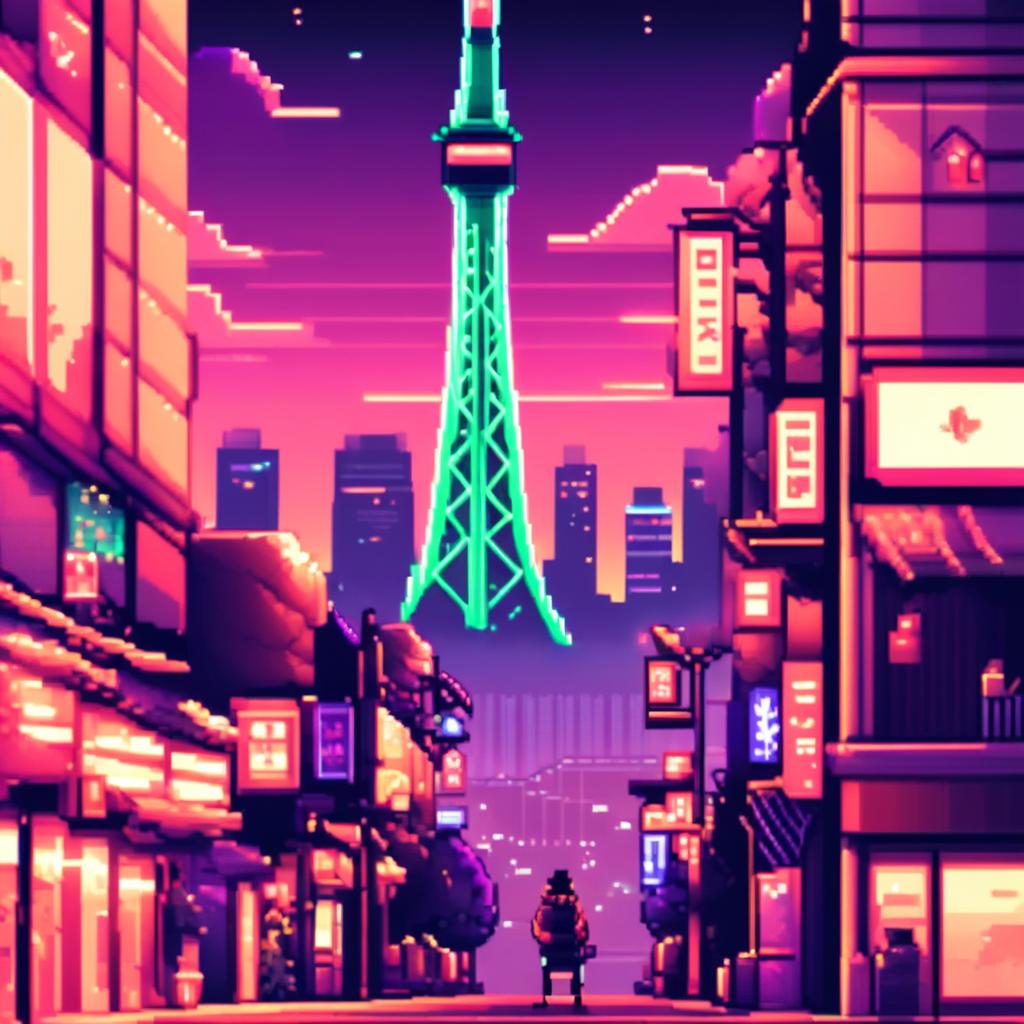 Pixel art profile picture featuring a neon-lit Tokyo cityscape at night with skyscrapers, Tokyo Tower, and bustling streets.