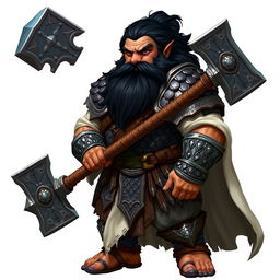 A standing dwarf with black hair and a bushy beard, exhibiting brown skin