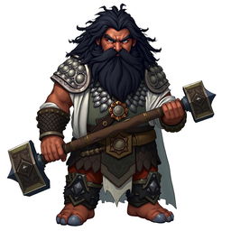 A standing dwarf with black hair and a bushy beard, exhibiting brown skin