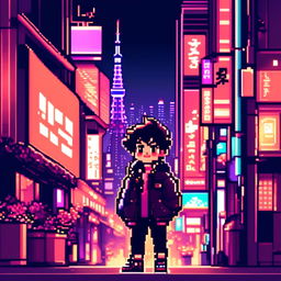 Pixel art profile picture featuring a neon-lit Tokyo cityscape at night with skyscrapers, Tokyo Tower, and bustling streets.