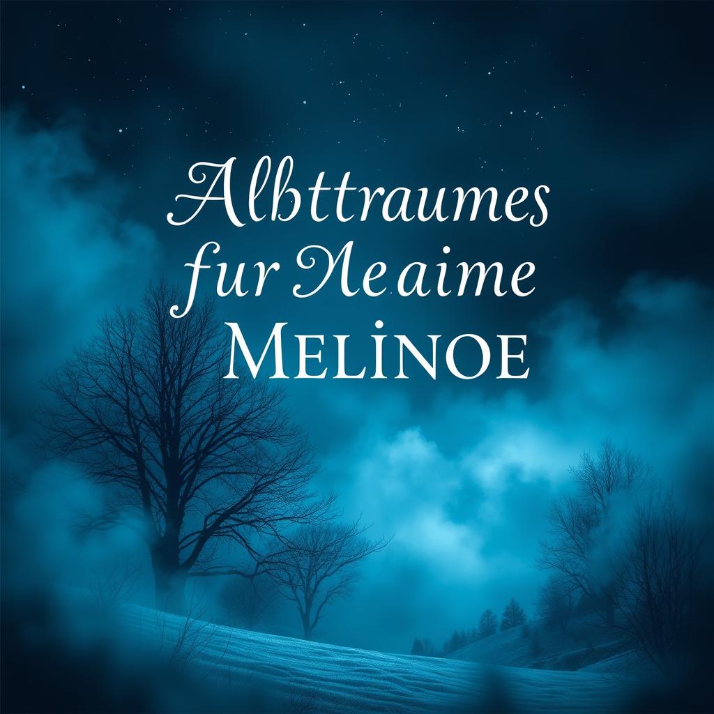 A hauntingly beautiful book cover design titled 'Albträume für Melinoe', featuring a rich interplay of blue and light blue shades that evoke a wintry, dark atmosphere