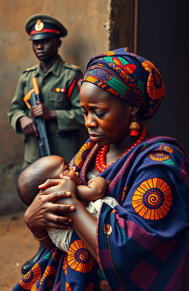 A poignant scene featuring a black woman dressed in vibrant traditional African wear, expressing deep emotion as she is in tears while carrying an infant child