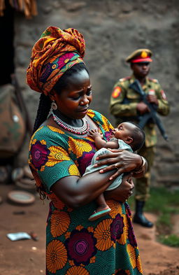 A poignant scene featuring a black woman dressed in vibrant traditional African wear, expressing deep emotion as she is in tears while carrying an infant child