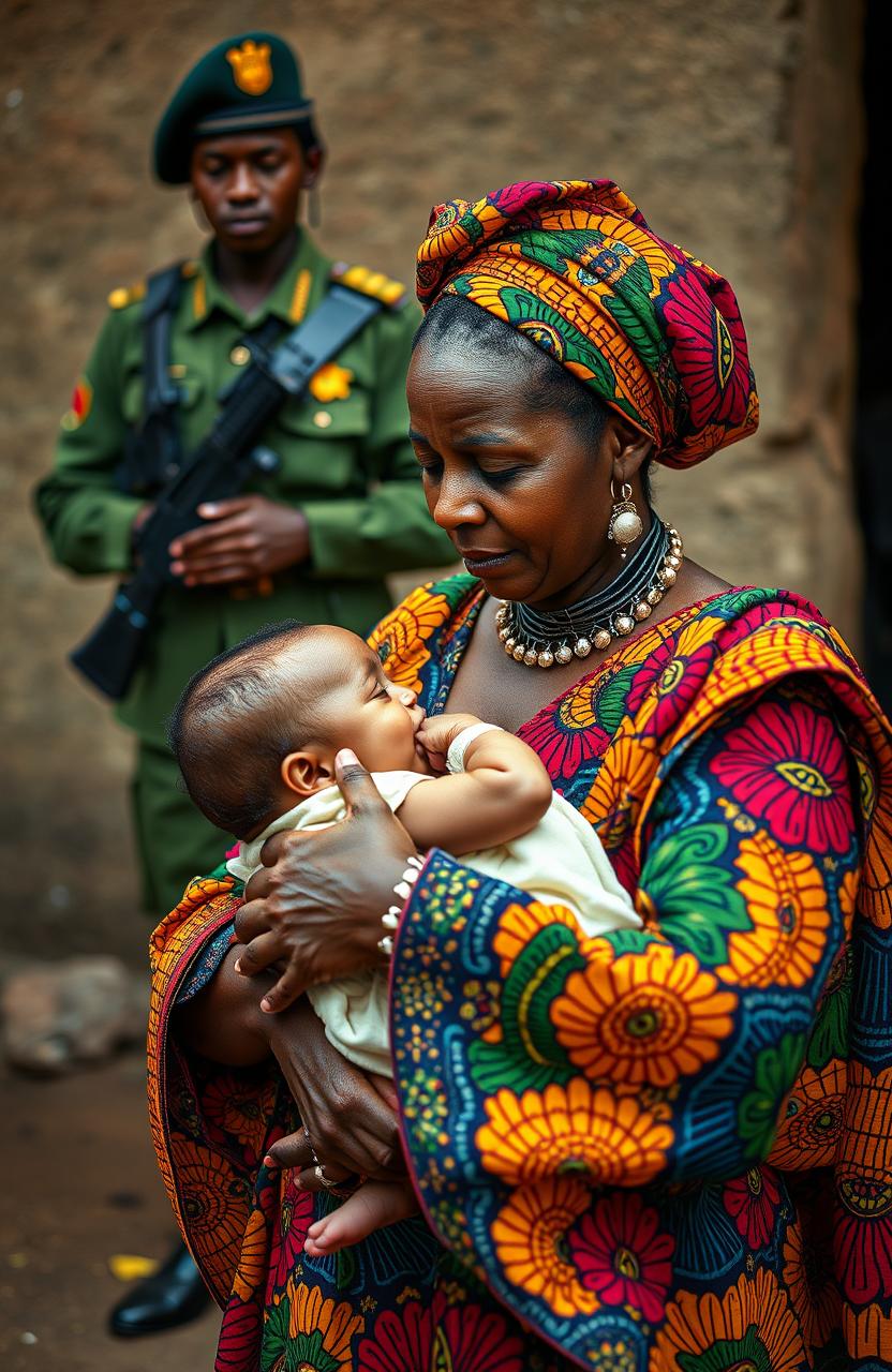 A poignant scene featuring a black woman dressed in vibrant traditional African wear, expressing deep emotion as she is in tears while carrying an infant child