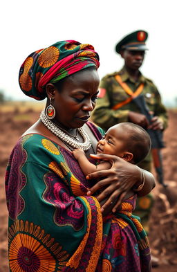 A poignant scene featuring a black woman dressed in vibrant traditional African wear, expressing deep emotion as she is in tears while carrying an infant child