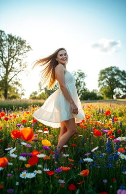 A young woman standing gracefully in a vibrant wildflower field, surrounded by a multitude of colorful flowers including poppies, daisies, and bluebells