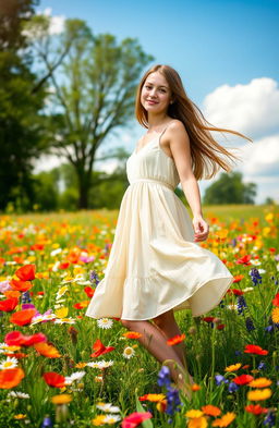 A young woman standing gracefully in a vibrant wildflower field, surrounded by a multitude of colorful flowers including poppies, daisies, and bluebells
