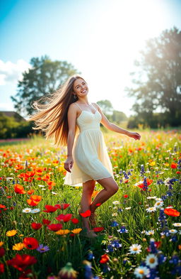 A young woman standing gracefully in a vibrant wildflower field, surrounded by a multitude of colorful flowers including poppies, daisies, and bluebells