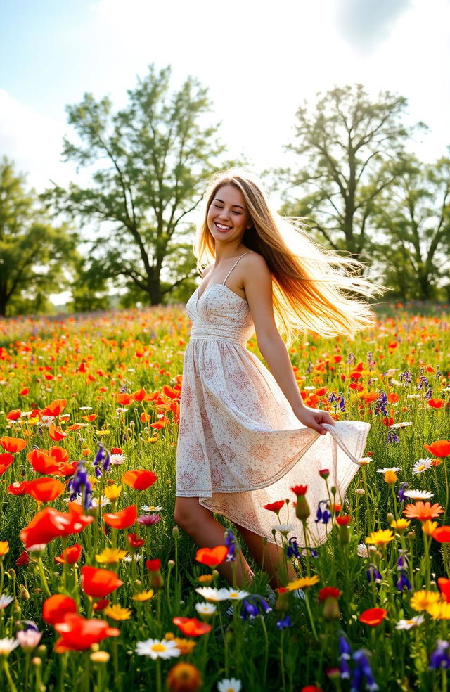 A young woman standing gracefully in a vibrant wildflower field, surrounded by a multitude of colorful flowers including poppies, daisies, and bluebells