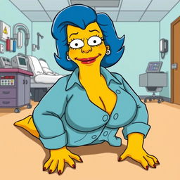 A cartoon-style depiction of an adult version of Marge Simpson in a humorous yet suggestive scenario, on all fours in a hospital environment
