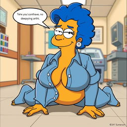 A cartoon-style depiction of an adult version of Marge Simpson in a humorous yet suggestive scenario, on all fours in a hospital environment