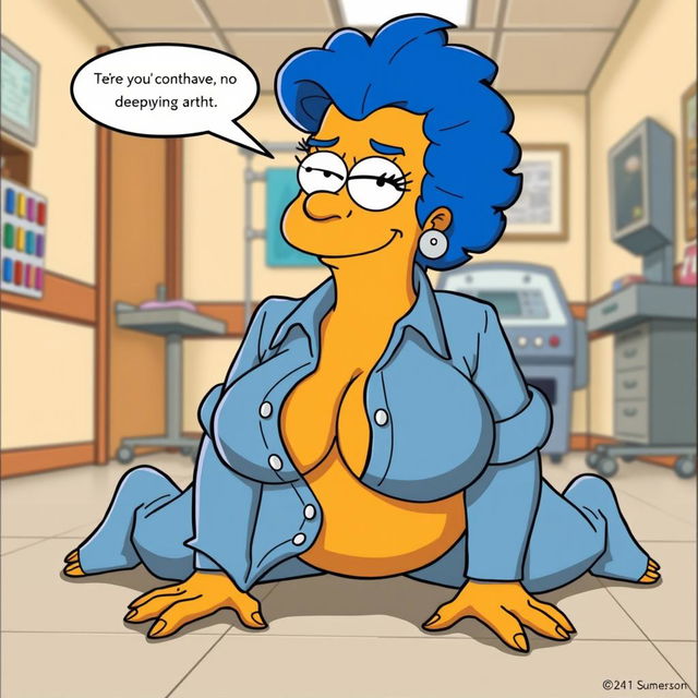 A cartoon-style depiction of an adult version of Marge Simpson in a humorous yet suggestive scenario, on all fours in a hospital environment