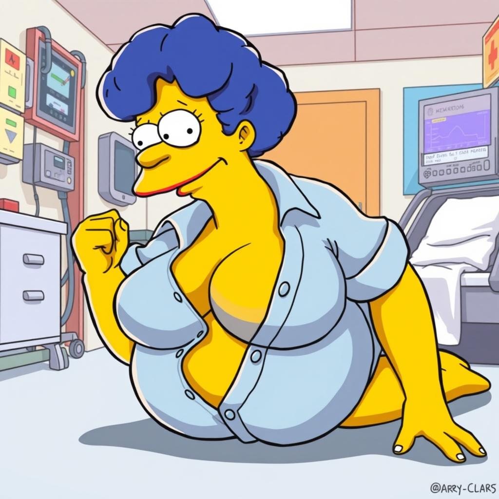 A cartoon-style depiction of an adult version of Marge Simpson in a humorous yet suggestive scenario, on all fours in a hospital environment