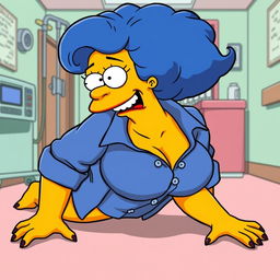 A cartoon-style depiction of an adult version of Marge Simpson in a humorous yet suggestive scenario, on all fours in a hospital environment