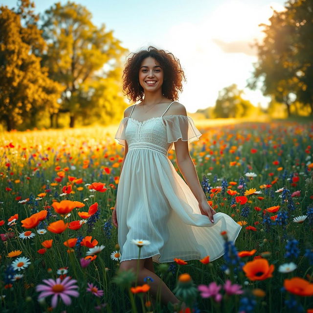 A young woman with curly hair standing gracefully in a vibrant wildflower field, surrounded by a plethora of colorful flowers such as poppies, daisies, and bluebells