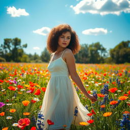 A young woman with curly hair standing gracefully in a vibrant wildflower field, surrounded by a plethora of colorful flowers such as poppies, daisies, and bluebells