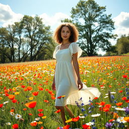 A young woman with curly hair standing gracefully in a vibrant wildflower field, surrounded by a plethora of colorful flowers such as poppies, daisies, and bluebells