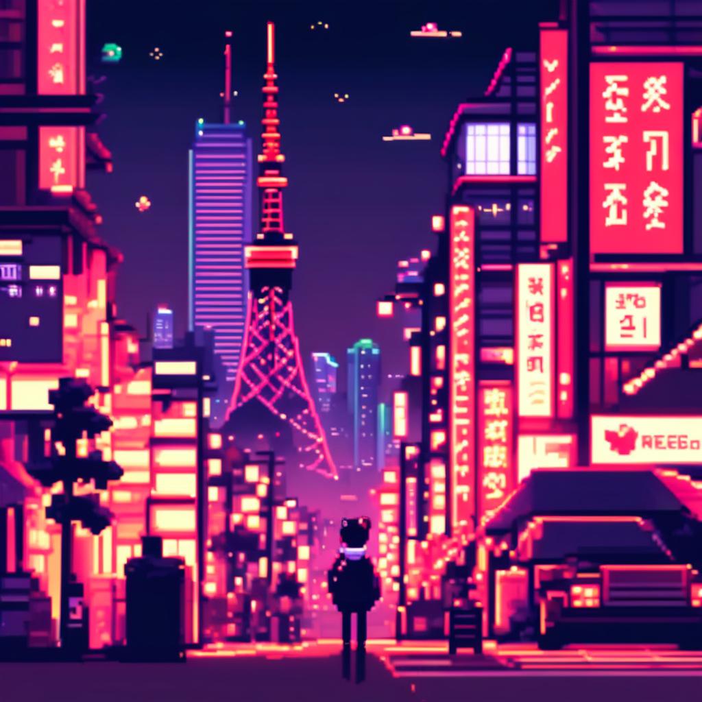 Pixel art profile picture featuring a neon-lit Tokyo cityscape at night with skyscrapers, Tokyo Tower, and bustling streets.