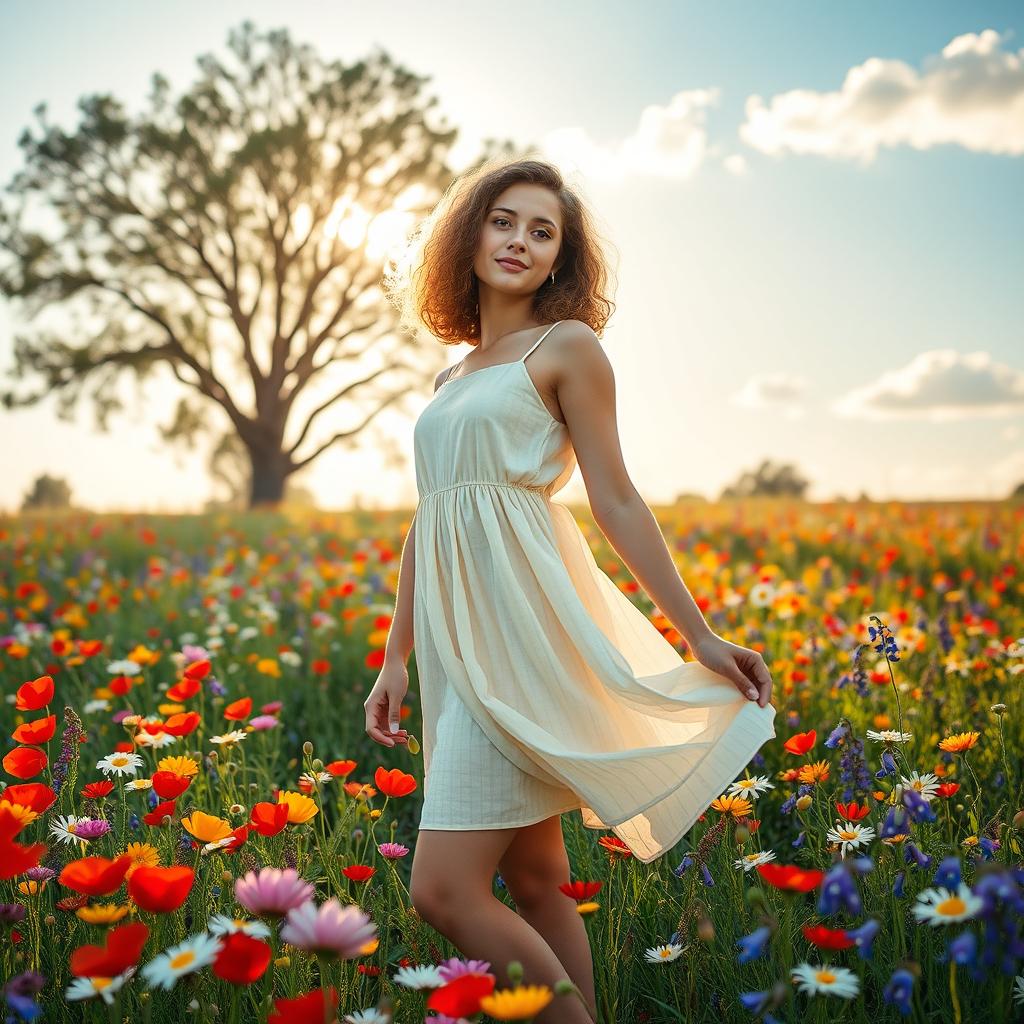 A young woman with curly hair standing gracefully in a vibrant wildflower field, surrounded by a plethora of colorful flowers such as poppies, daisies, and bluebells