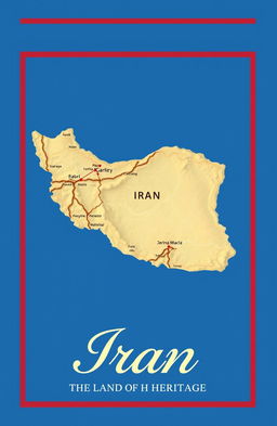 An artistic representation of a detailed map of Iran, prominently displayed on a bright blue background