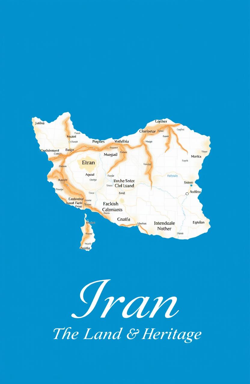 An artistic representation of a detailed map of Iran, prominently displayed on a bright blue background