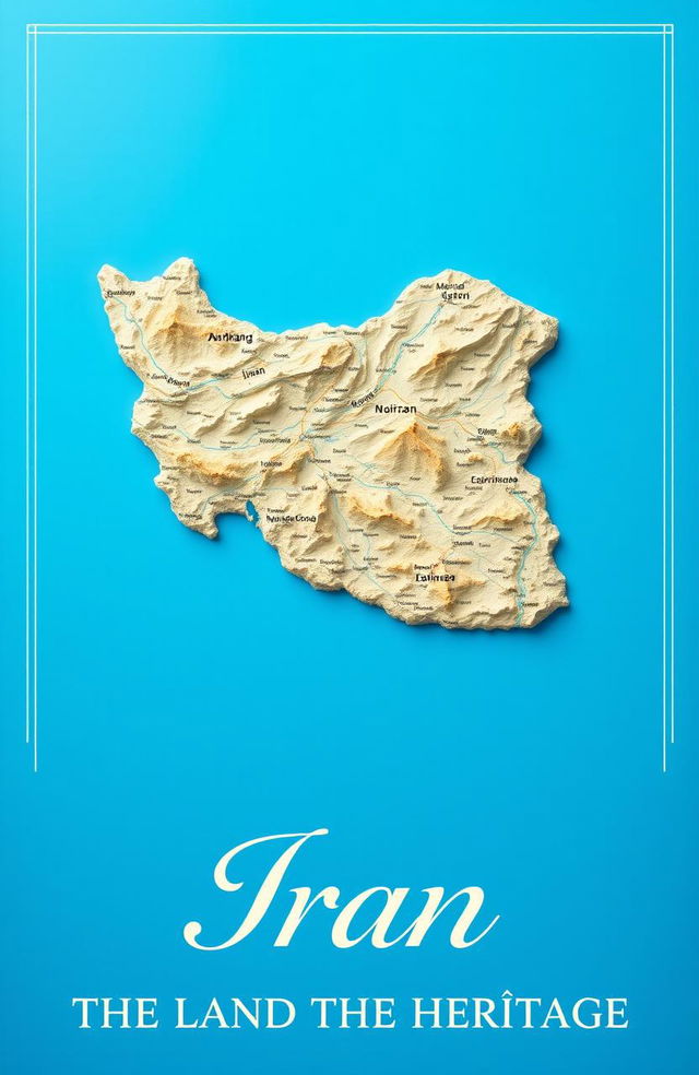 An artistic representation of a detailed map of Iran, prominently displayed on a bright blue background