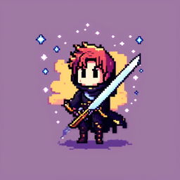 Pixel art profile picture featuring a standalone sword against a cosmic background filled with stars and galaxies.