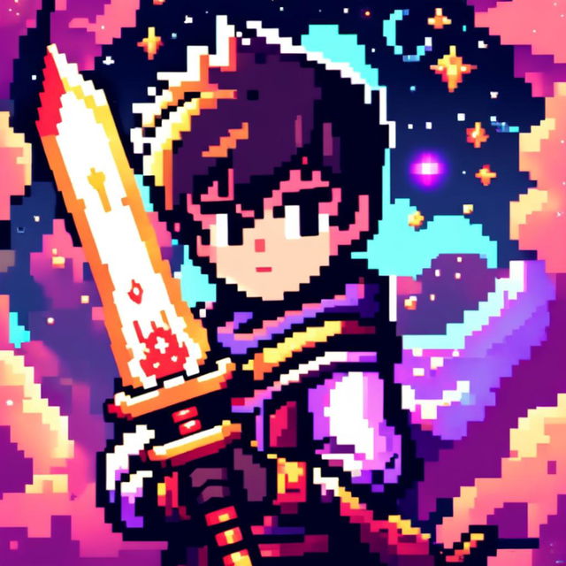 Pixel art profile picture featuring a standalone sword against a cosmic background filled with stars and galaxies.