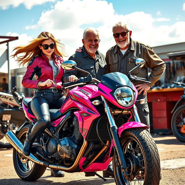 A vibrant scene featuring a girl biker in stylish riding gear, a mechanic in a work uniform, and a cheerful old man with a warm smile