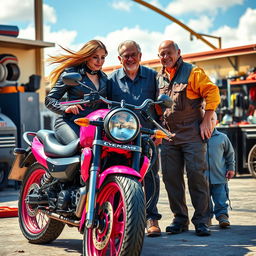 A vibrant scene featuring a girl biker in stylish riding gear, a mechanic in a work uniform, and a cheerful old man with a warm smile