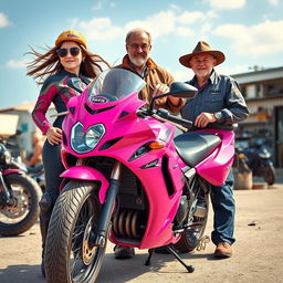 A vibrant scene featuring a girl biker in stylish riding gear, a mechanic in a work uniform, and a cheerful old man with a warm smile