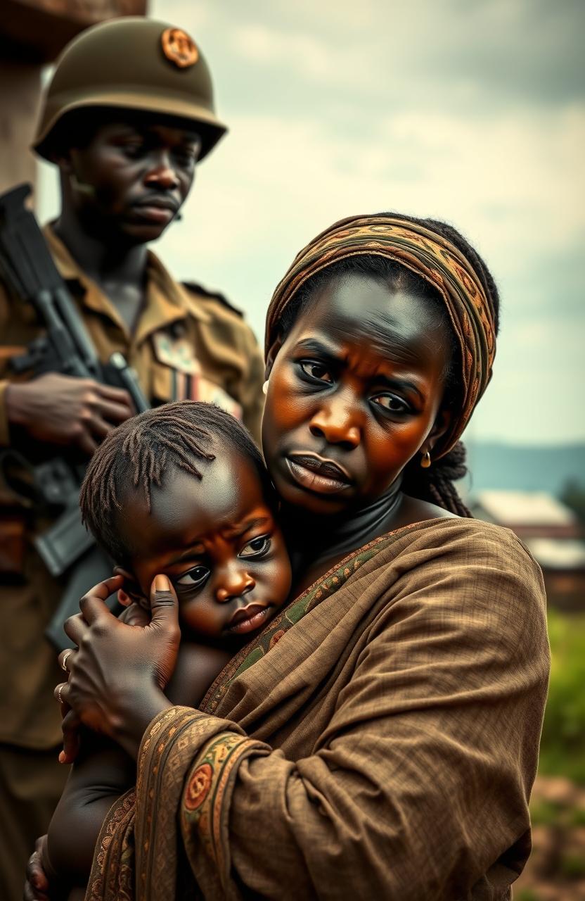 A poignant scene depicting a black woman in traditional African attire, her eyes filled with tears as she cradles a child in her arms