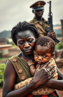 A poignant scene depicting a black woman in traditional African attire, her eyes filled with tears as she cradles a child in her arms