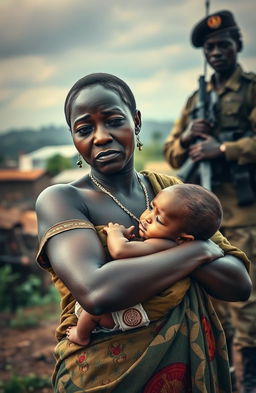 A poignant scene depicting a black woman in traditional African attire, her eyes filled with tears as she cradles a child in her arms