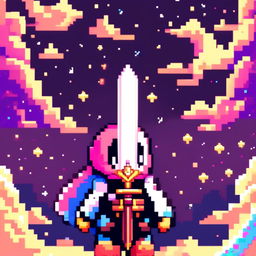 Pixel art profile picture featuring a standalone sword against a cosmic background filled with stars and galaxies.