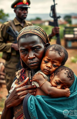 A poignant scene depicting a black woman in traditional African attire, her eyes filled with tears as she cradles a child in her arms