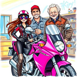 A colorful drawing depicting a girl biker in fashionable riding gear, accompanied by a mechanic dressed in a work uniform, and a cheerful old man with a big smile