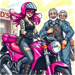 A colorful drawing depicting a girl biker in fashionable riding gear, accompanied by a mechanic dressed in a work uniform, and a cheerful old man with a big smile