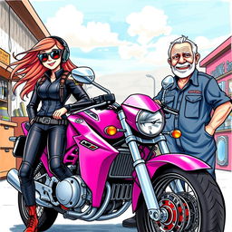 A colorful drawing depicting a girl biker in fashionable riding gear, accompanied by a mechanic dressed in a work uniform, and a cheerful old man with a big smile