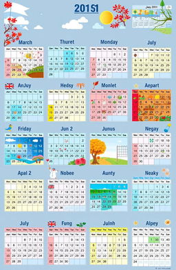 A vibrant and detailed calendar layout for an entire year (365 days), incorporating colorful illustrations for each month representing seasonal changes and holidays