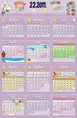 A vibrant and detailed calendar layout for an entire year (365 days), incorporating colorful illustrations for each month representing seasonal changes and holidays