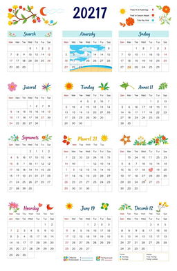 A vibrant and detailed calendar layout for an entire year (365 days), incorporating colorful illustrations for each month representing seasonal changes and holidays