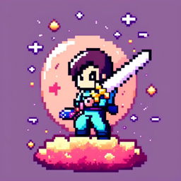 Pixel art profile picture featuring a standalone sword against a cosmic background filled with stars and galaxies.